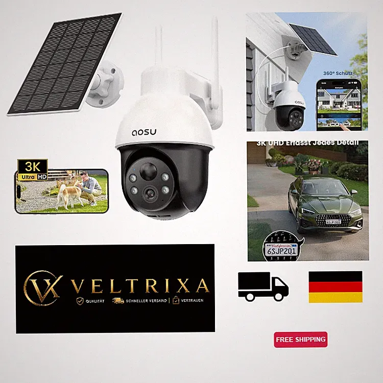 Aosu 3K Überwachungskamera Aussen Solar, 5MP PTZ mit Farb-Nachtsicht, 360