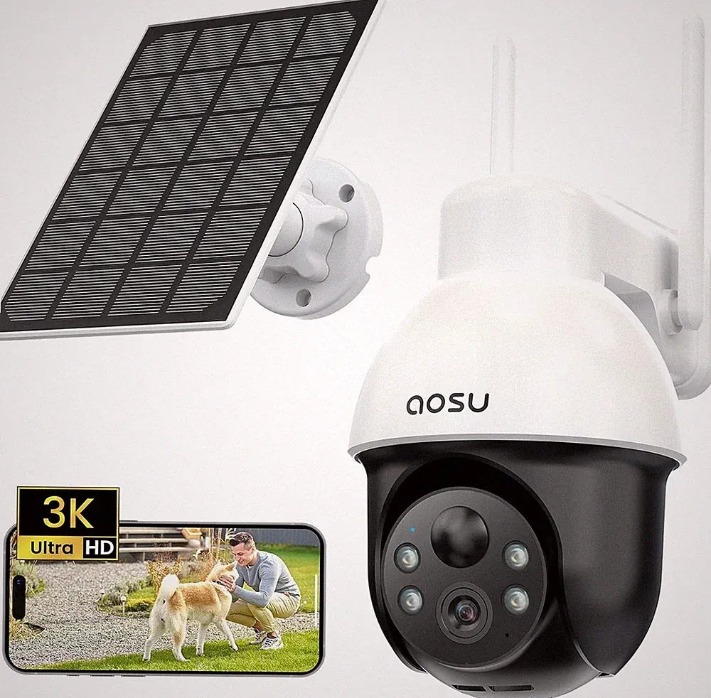 Aosu 3K Überwachungskamera Solar, 5MP PTZ 360 Schwenken, 1er-Set, Außenkamera