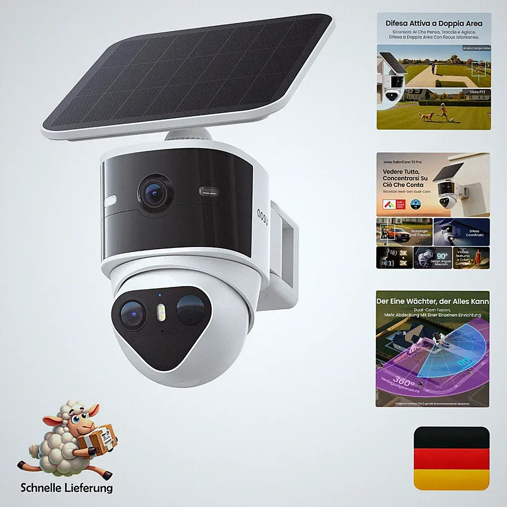 Aosu T2 Pro 3K Überwachungskamera Außen Solar Akku Dual-Kamera 360° PTZ Nach...