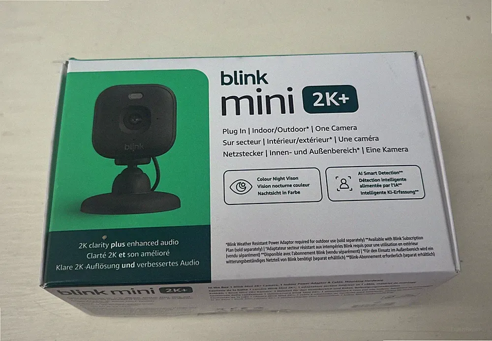 Blink Mini 2k Überwachungskamera. Geöffnet. Schnelle Lieferung