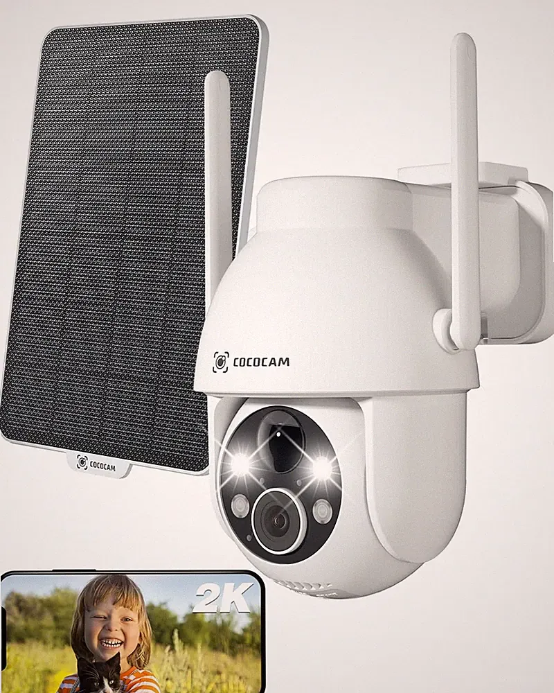 COCOCAM 2K Überwachungskamera Außen Akku Solar Kamera mit 360 Sicht WLAN, 3MP