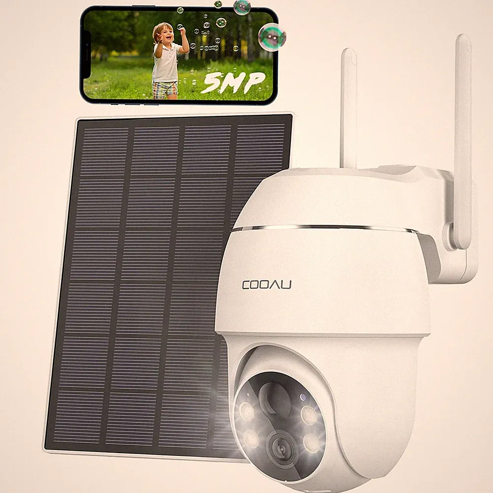 COOAU 2.5K Überwachungskamera Außen mit Solarakku und 4dBi WLAN, Weiß 1, 360