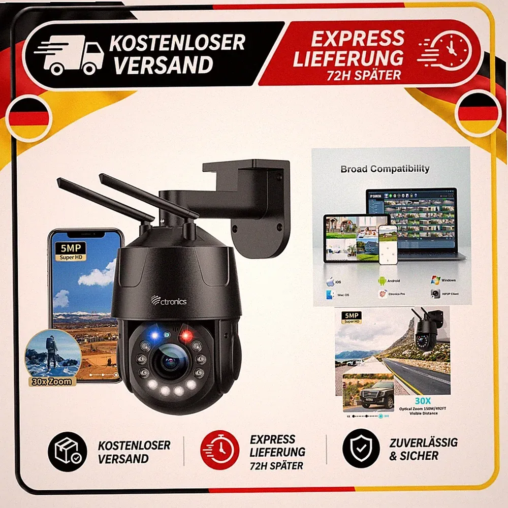 Ctronics 5MP PTZ Überwachungskamera Außen 30x Zoom WLAN IP66 150m