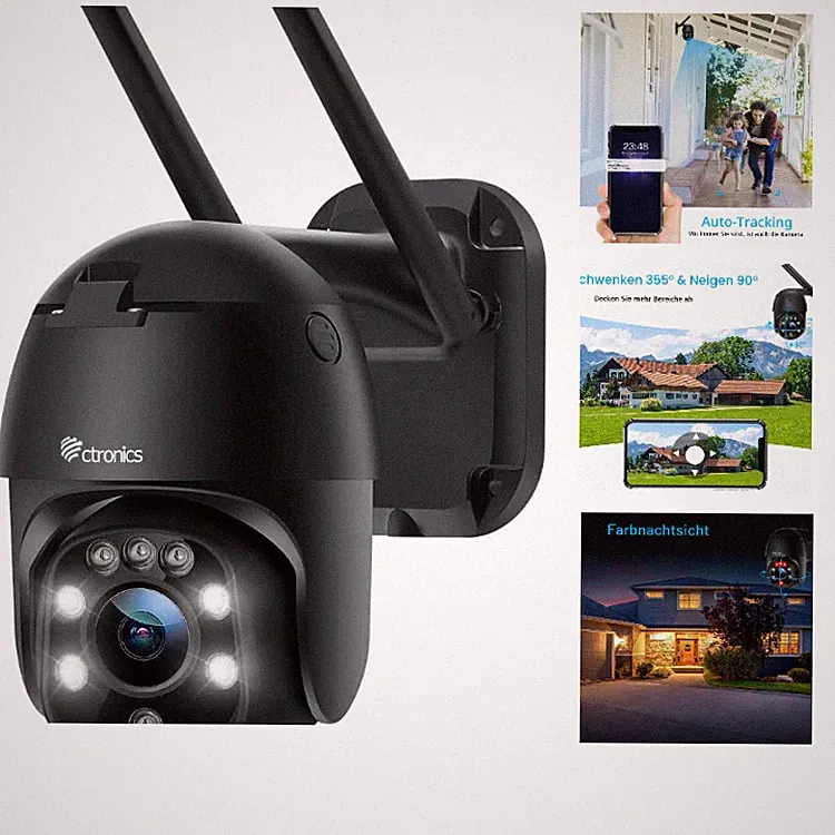 Ctronics PTZ Überwachungskamera Außen Schwarz, 1080P HD, WLAN, Nachtsicht, Dome