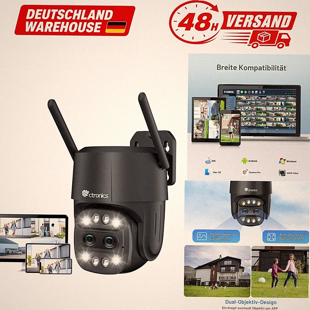 Ctronics Überwachungskamera außen 1080p PTZ WLAN 6X Zoom Auto-Tracking