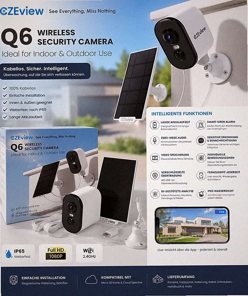 CZEview Q6 WLAN Überwachungskamera Außen Innen 1080P IP65 Akku B-Ware