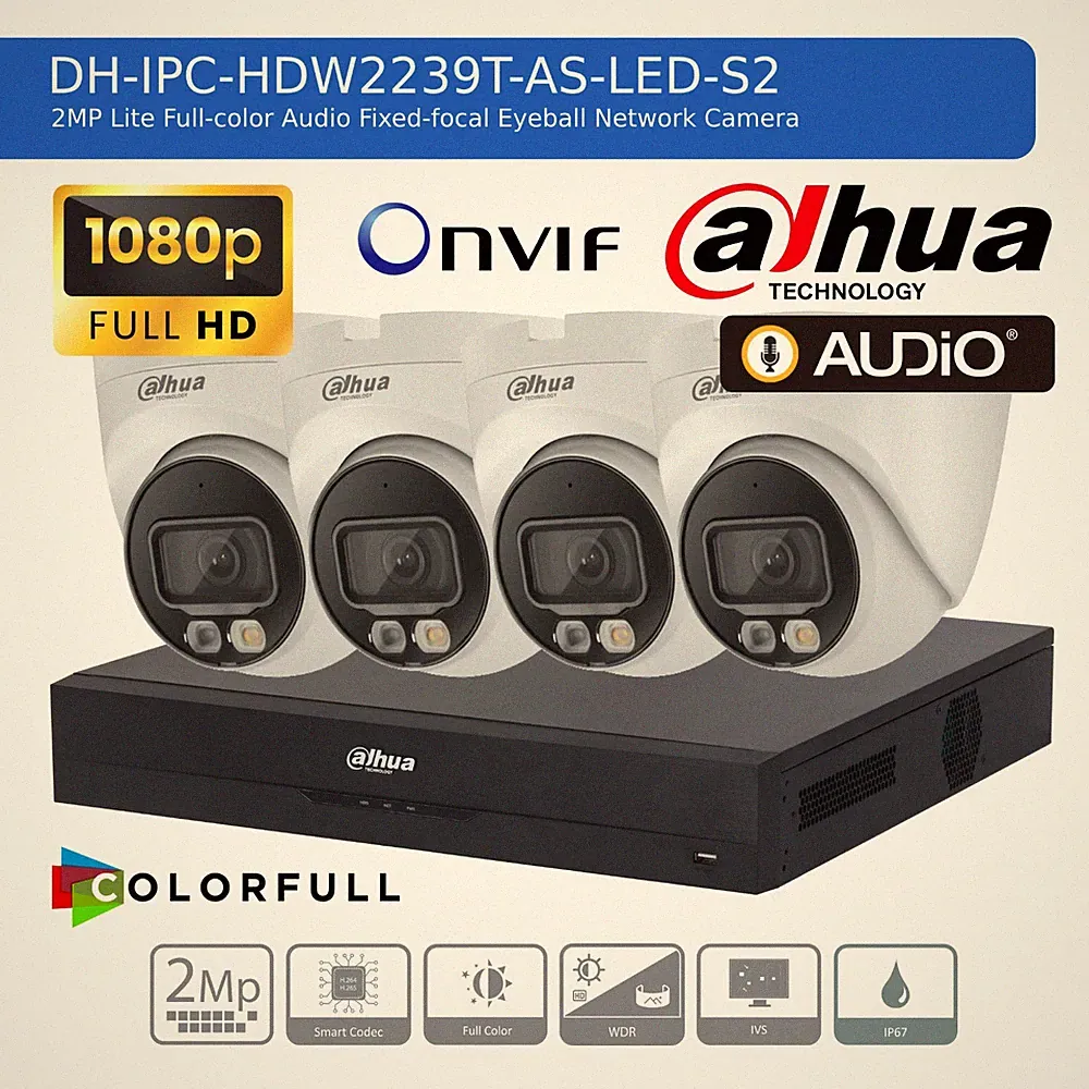 DAHUA 1080P CCTV SICHERHEITSSYSTEM AUDIO MIC HD KAMERA COLORVU OUTDOOR NACHTSICHT