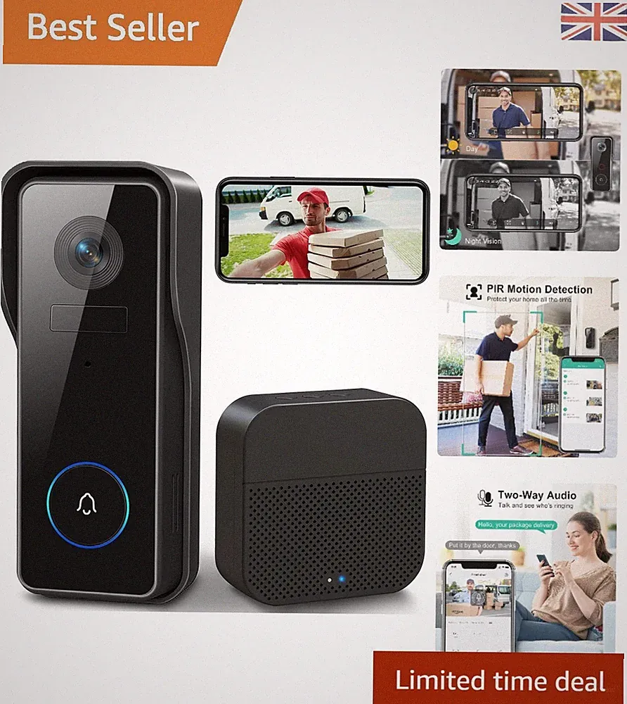 Drahtlose WiFi Video Türklingel Kamera mit Glockenspiel, 2K HD Smart Video Türklingel Wi...