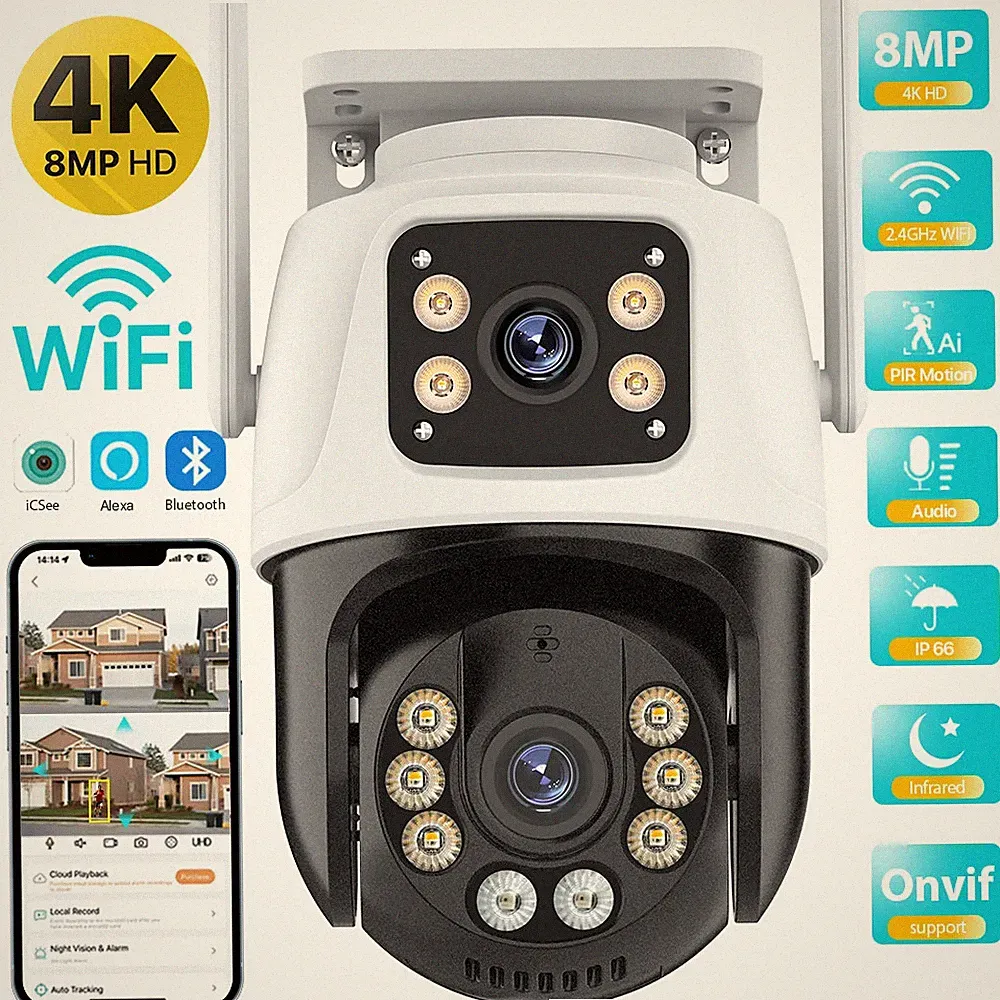 Dual Lens 8MP 4K WiFi Überwachungskamera - IP66 Outdoor 360° PTZ, Nachtsicht, AI