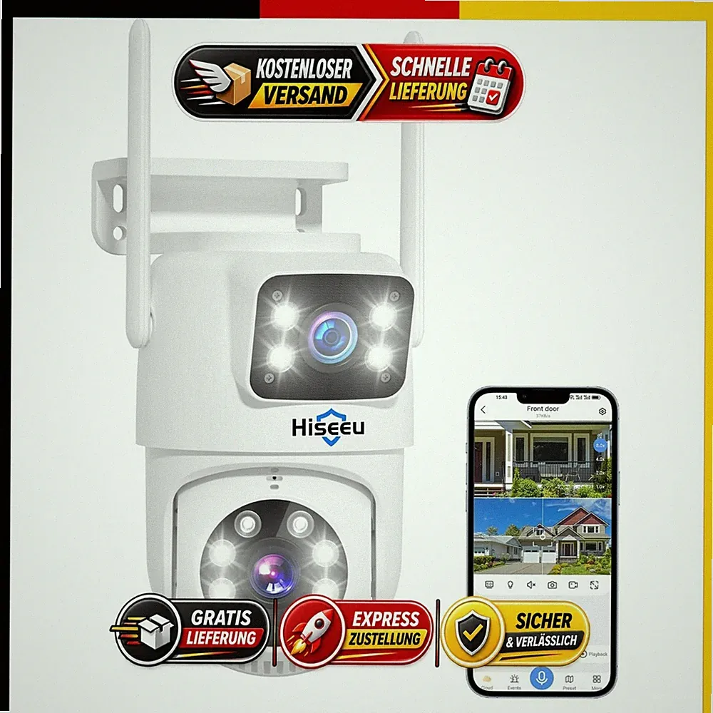 Hiseeu 3MP Dual-Objektiv Überwachungskamera WLAN Outdoor IP66 PTZ Nachtsicht