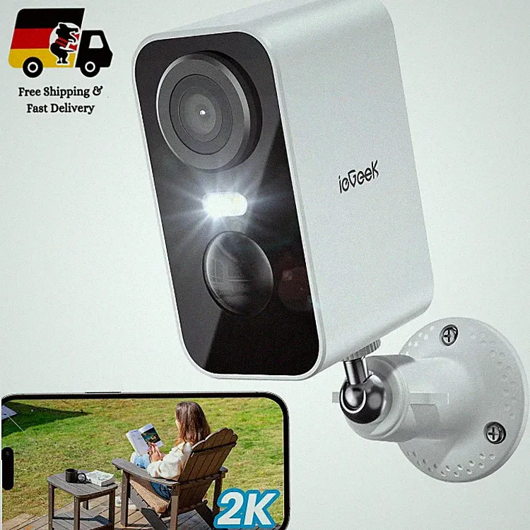 ieGeek 2K Überwachungskamera Innen Außen Akku WLAN 3 MP Weiß 2-Wege-Audio 2,4GHz