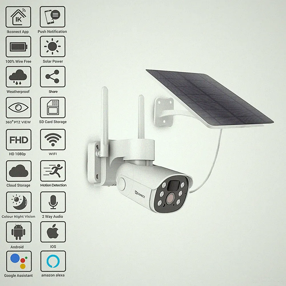 IKCONECT Solar Überwachungskamera 1080P HD WiFi PTZ Akku CCTV Alexa Google