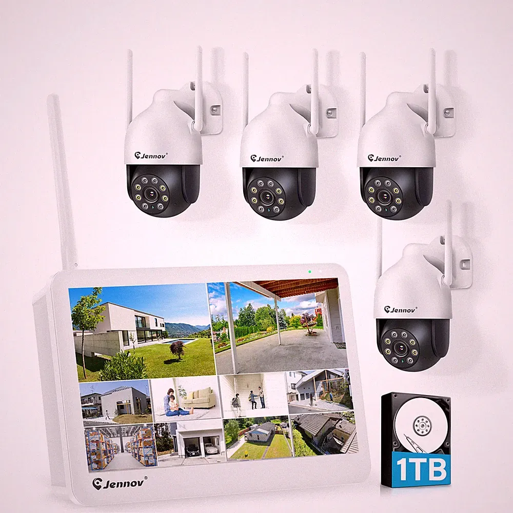 JENNOV 4x 5MP WLAN Überwachungskamera Set NVR Kabellos Außen PTZ Nachtsicht IP66