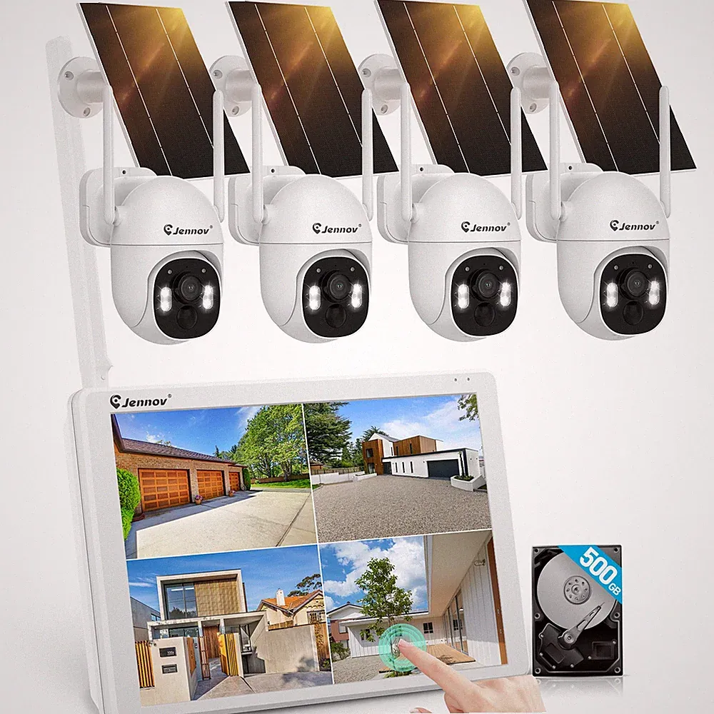 Jennov 5MP Überwachungskamera Set Außen WLAN Solar 10 zoll Touchscreen NVR 500GB