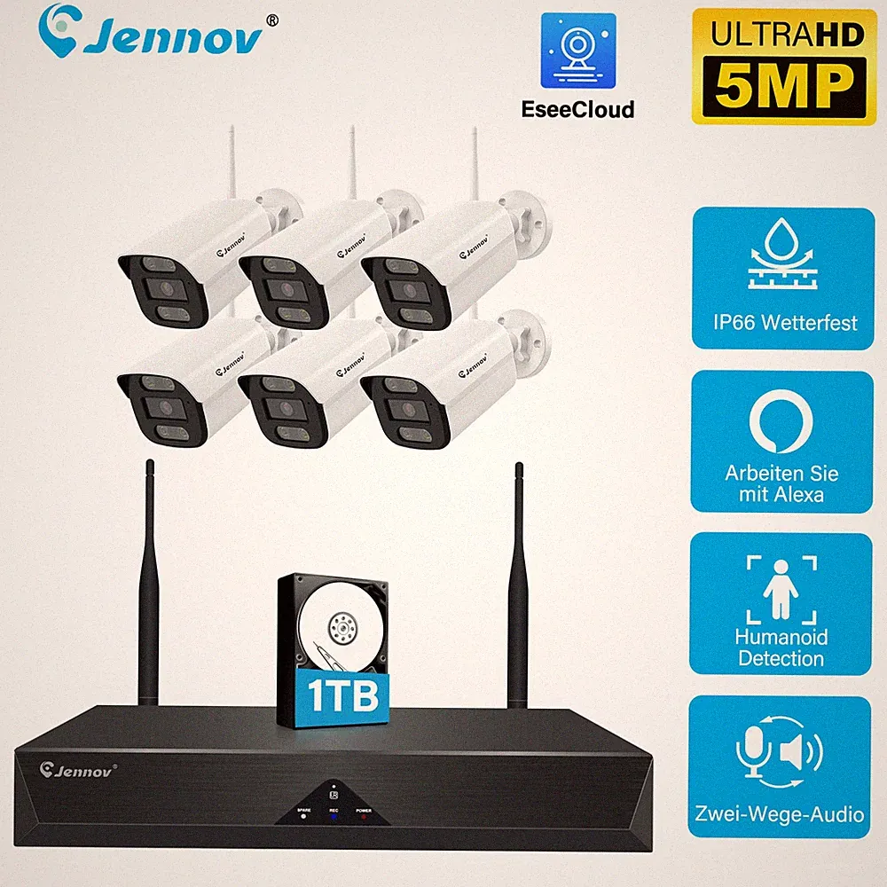 JENNOV 5MP WLAN Set 6 Kameras 1TB NVR