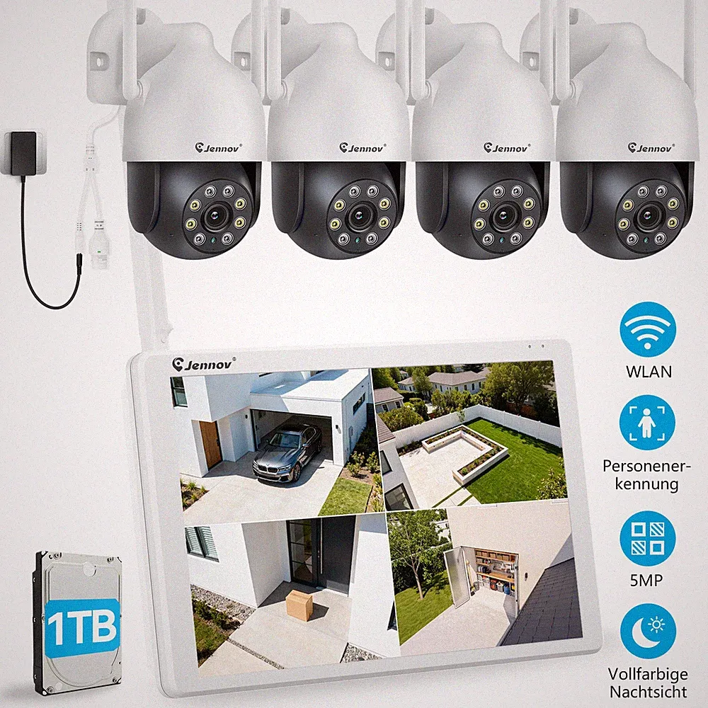 JENNOV 5MP WLAN Überwachungskamera Set Außen 10CH 1TB Monitor System PTZ Kameras