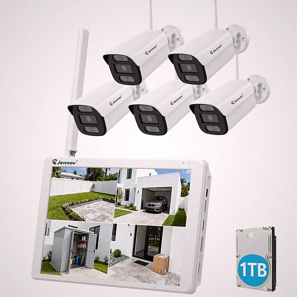 JENNOV 5MP WLAN Überwachungskamera Set Außen mit 12'' Monitor HDD Farbnachtsicht