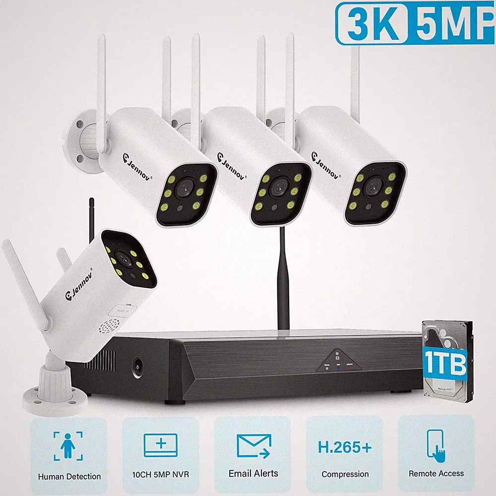 Jennov Überwachungskamera Aussen Set 4X 5MP WLAN Kamera 10CH NVR Nachtsicht IP66