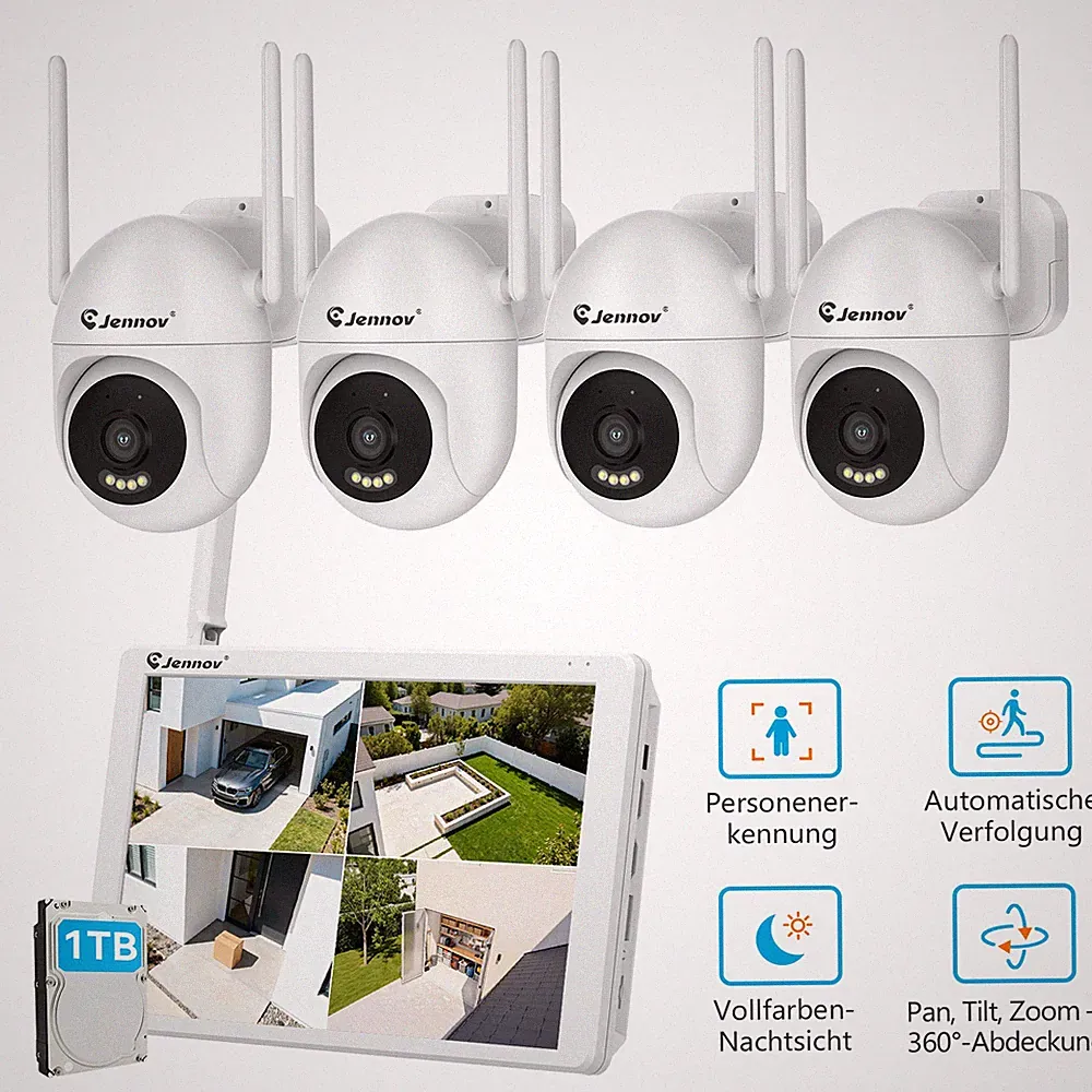 JENNOV Überwachungskamera Set Aussen 4X WLAN Kamera 10" Monitor Farbe Nachtsicht