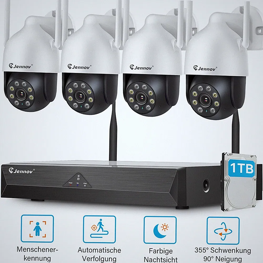 JENNOV Überwachungskamera Set mit 10" Monitor und 1TB NVR