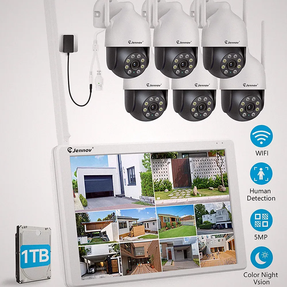 JENNOV WLAN Überwachungskamera Aussen Set 6x5MP Wi-Fi 6 Kamera 10CH 1TB HDD