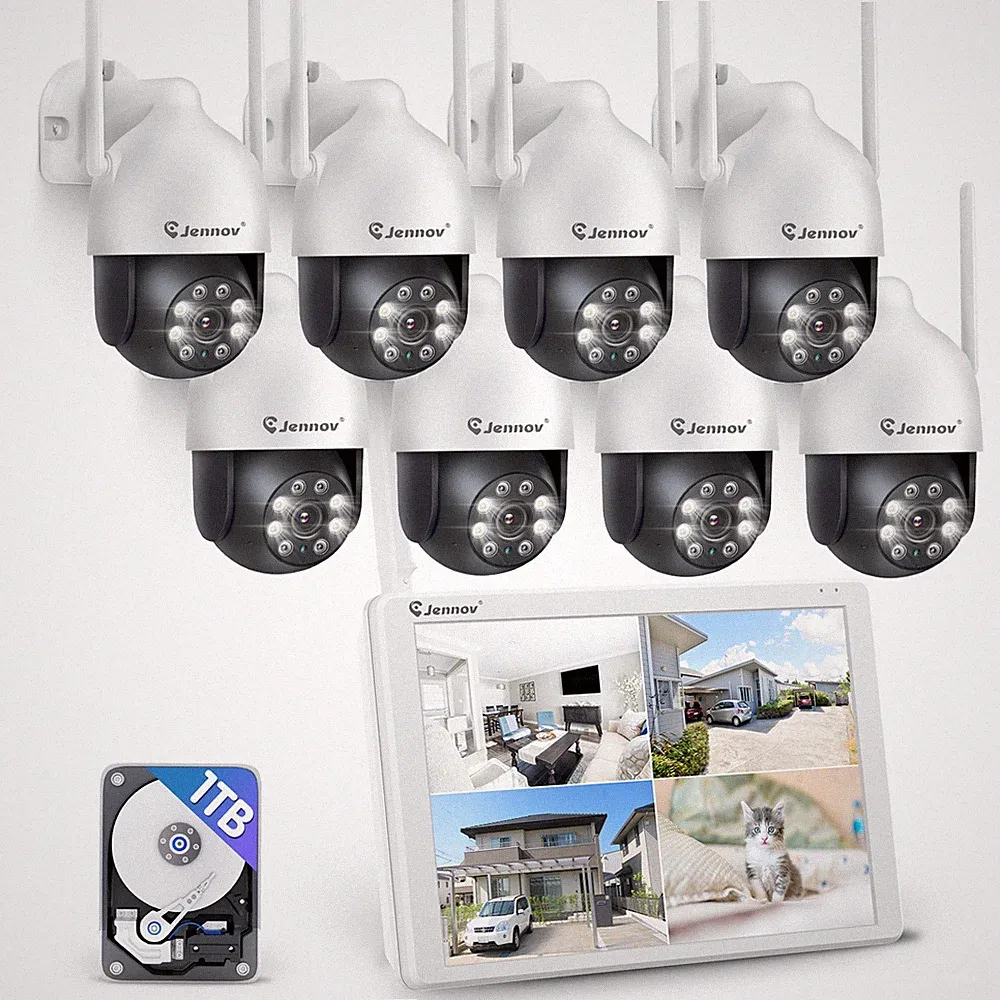 JENNOV WLAN Überwachungskamera Set Außen Mit 8X PTZ IP Kamera Audio 10CH 1TB NVR