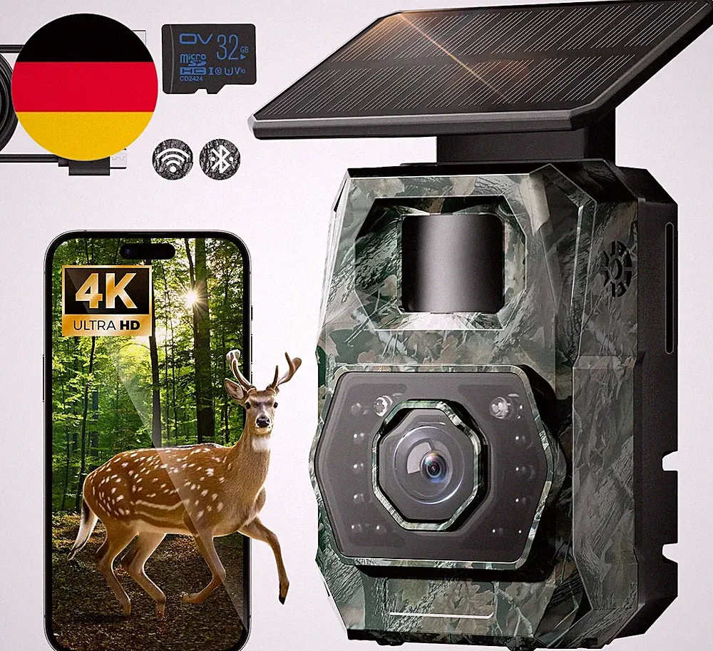 MAXDONE Wildkamera Mit Handyübertragung App, 4K 64MP Wildlife Camera Solar Nacht
