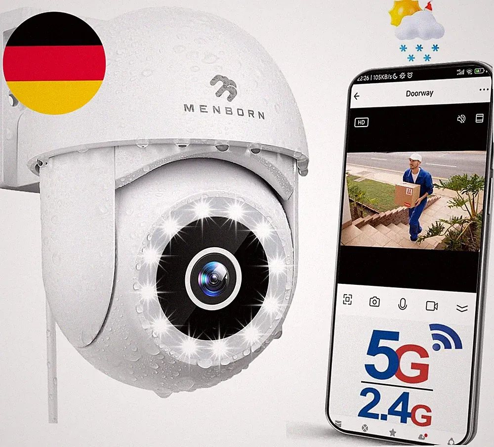 Menborn 2,5K Überwachungskamera Aussen, 2,4/5Ghz Kamera Überwachung Mit Flutlich