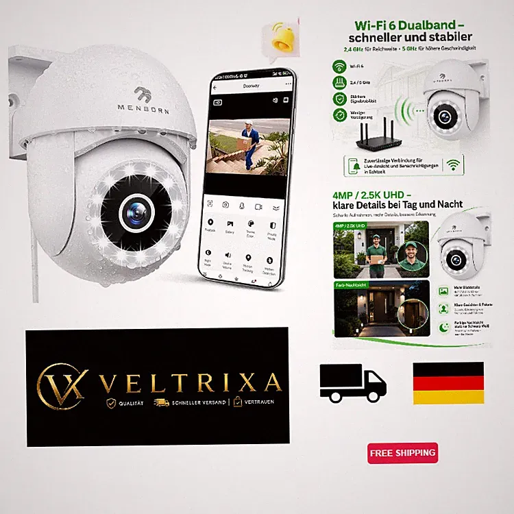 Menborn Überwachungskamera Außen 2,5K 4MP 360 PTZ WLAN 2-Wege-Audio 2,4/5GHz