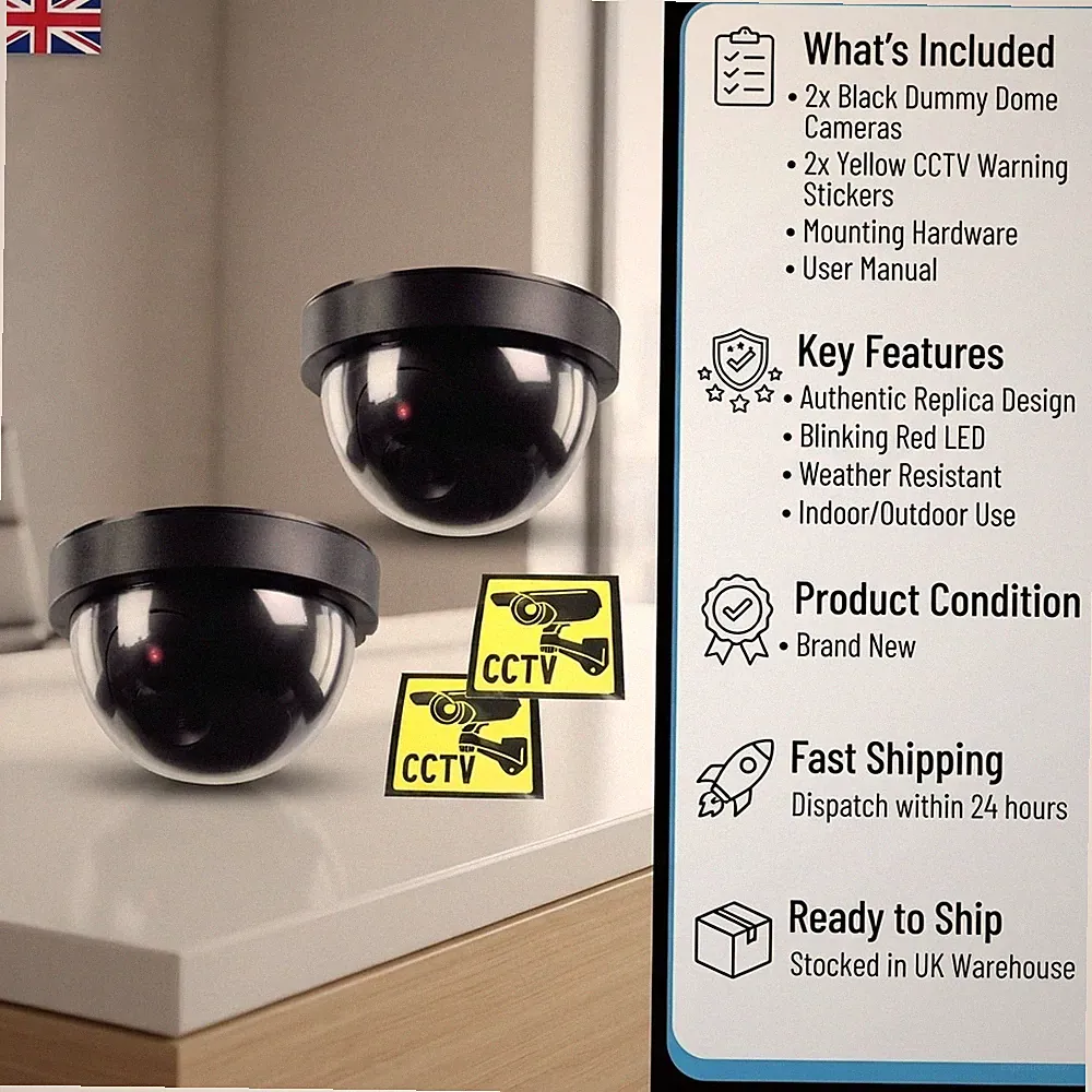 Professionelle schwarze gefälschte CCTV-Überwachungskamera mit realistischen LED-Leuchten - 2er-Pack