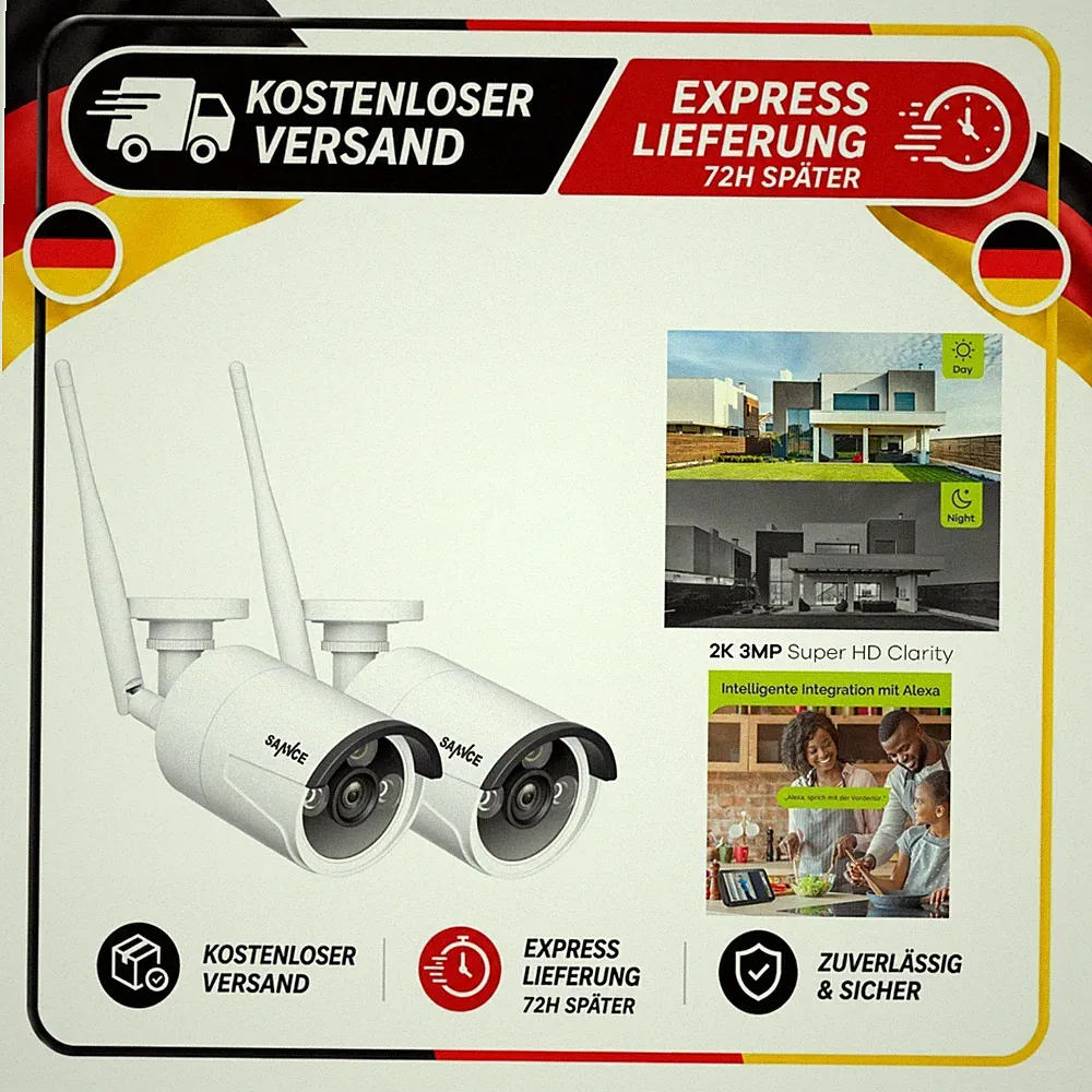 SANNCE WLAN Überwachungskamera Set 2x 3MP Außen IP66 Nachtsicht