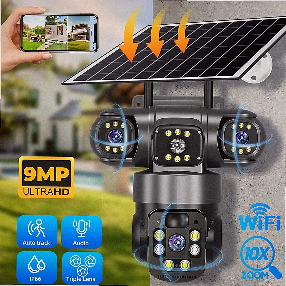 Solar 3-Linsen WLAN Überwachungskamera Außen PTZ 9MP Akku Nachtsicht IP66 PIR