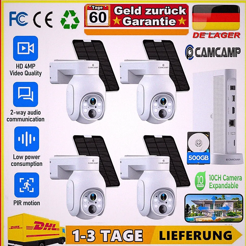 Solar 4MP Funk Überwachungskamera Set Außen mit HDD 10CH NVR PT Schwenkbar H265+