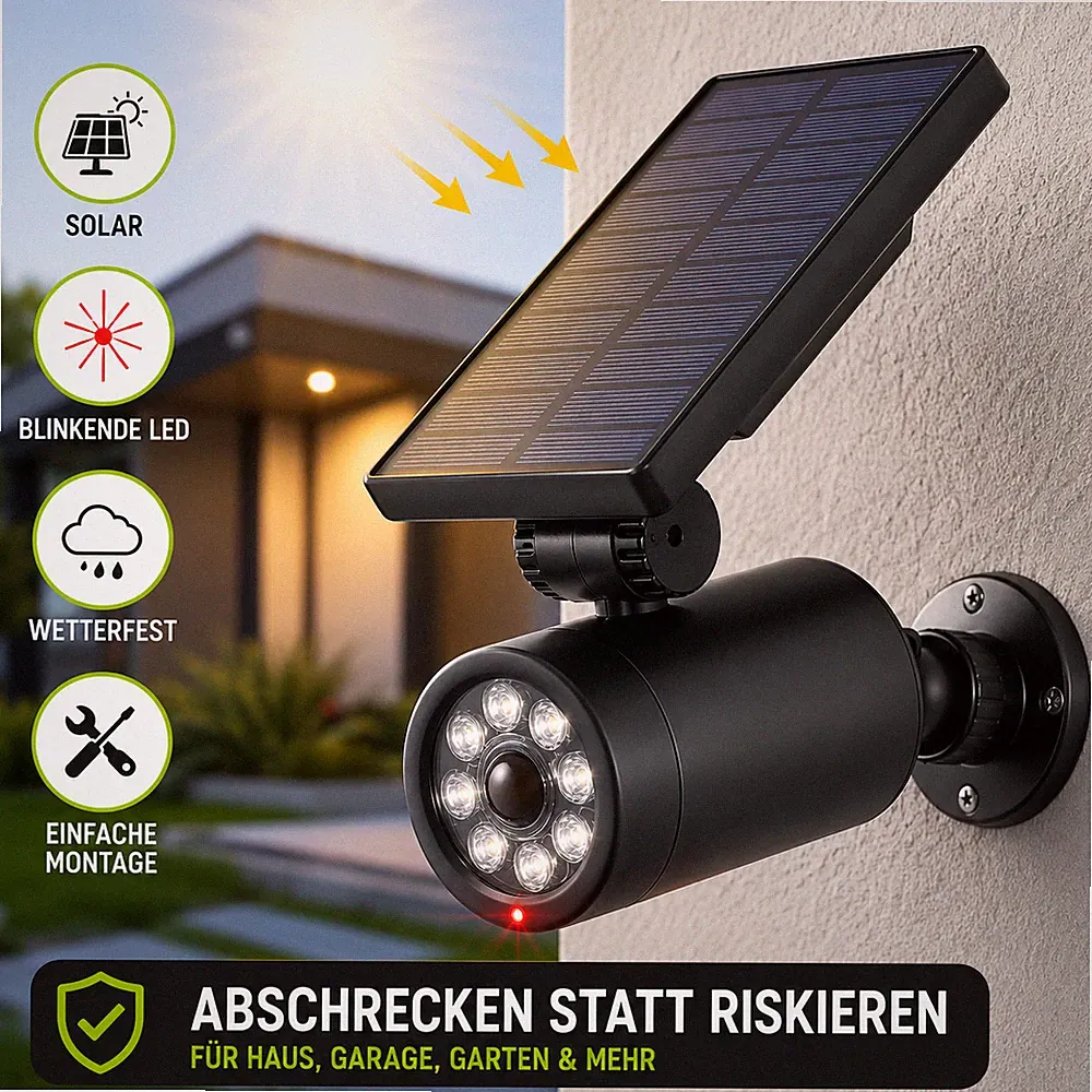 Solar Dummy Kamera CCTV Attrappe Blinkende LED Überwachungskamera Außen Innen