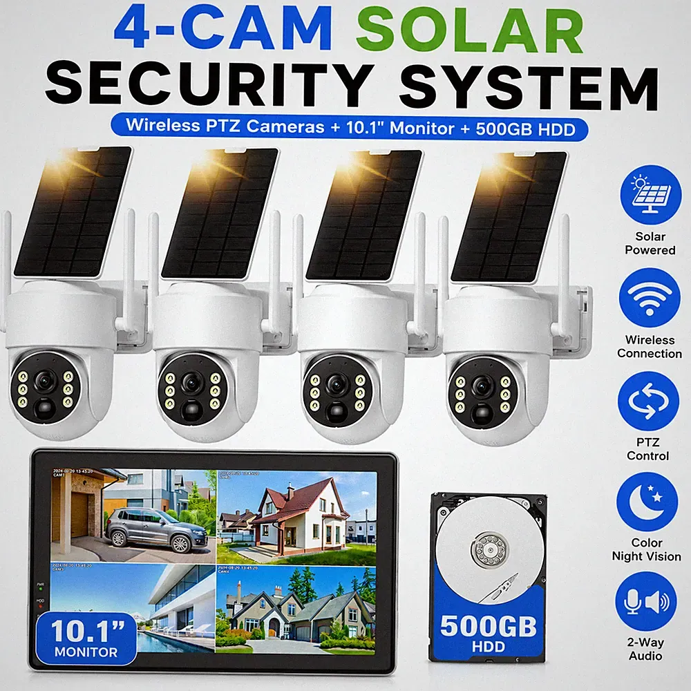 Solar Überwachungskamera Set Aussen mit 10CH WLAN 10" Monitor 500GB Festplatte