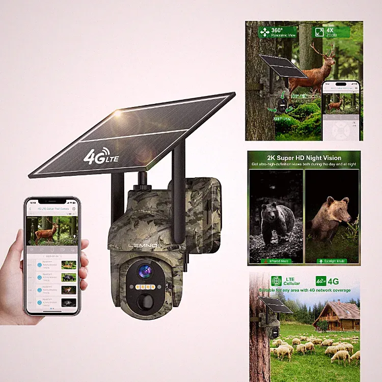 Solar Wildkamera 4G LTE mit Bewegungsmelder, 2K HD, Farb-Nachtsicht, Tarnung