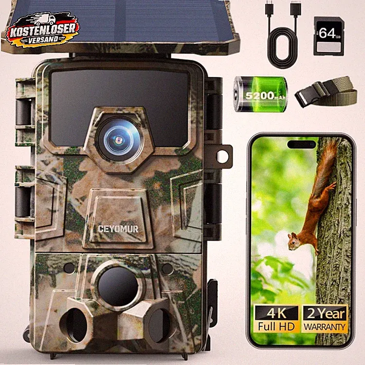 Solar Wildkamera 4K WLAN 64MP WiFi 6 0,1s 5200mAh 64GB SD Wildtierkamera