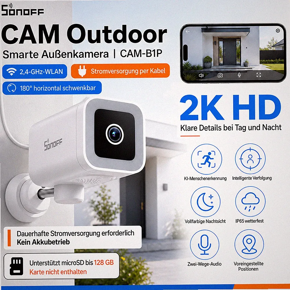 SONOFF CAM-B1P 2K WLAN Außenkamera IP65 KI-Tracking Farb-Nachtsicht 2-Wege-Audio