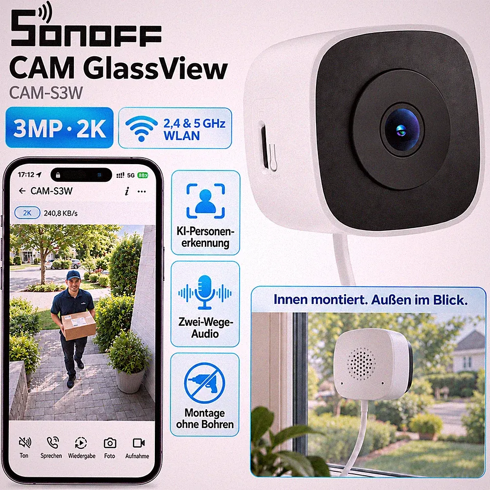 SONOFF WLAN-Überwachungskamera 2K 3 MP Fenster KI-Personenerkennung Innen Mini
