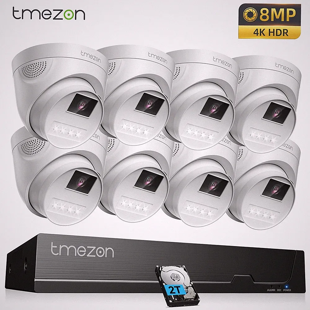 TMEZON 4K 8MP PoE Überwachungskamera Set Außen Kamera CCTV System 2TB NVR Audio