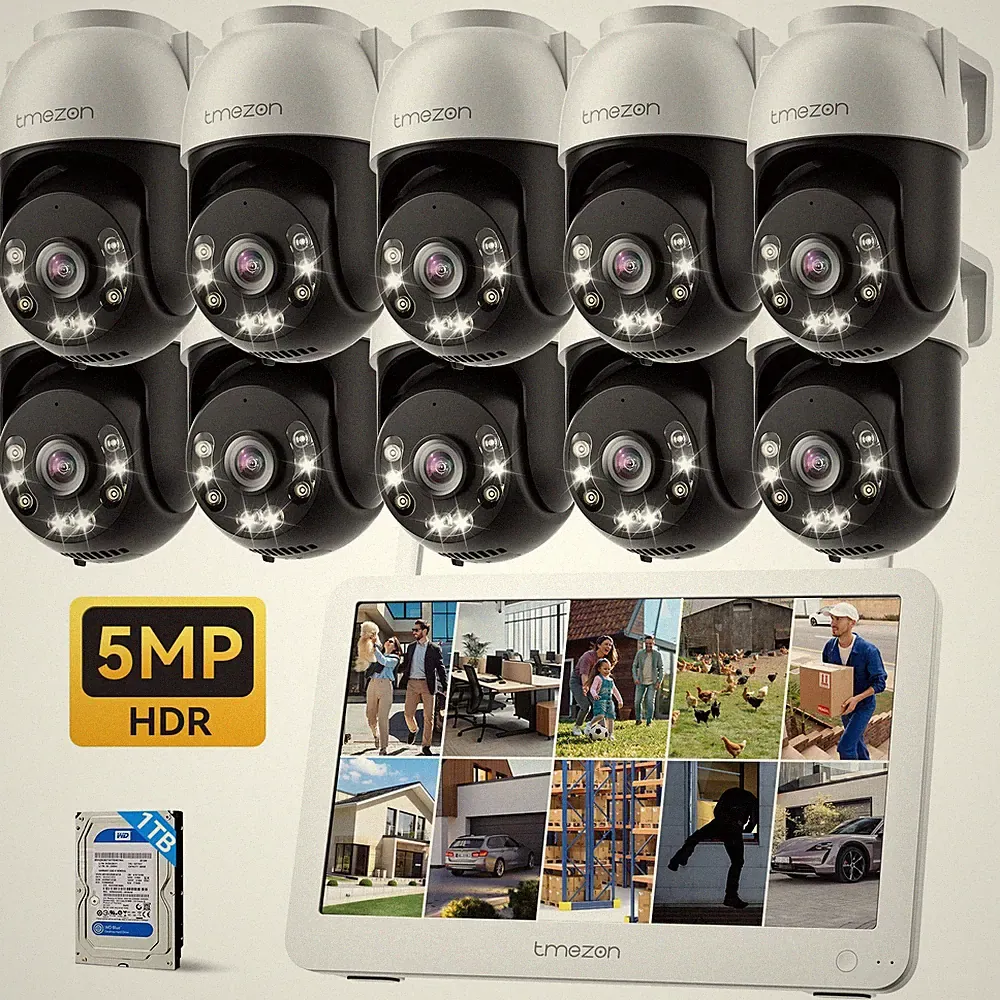 TMEZON 5MP WLAN Überwachungskamera Set PTZ 10X Kamera Außen mit 12''Monitor 1TB