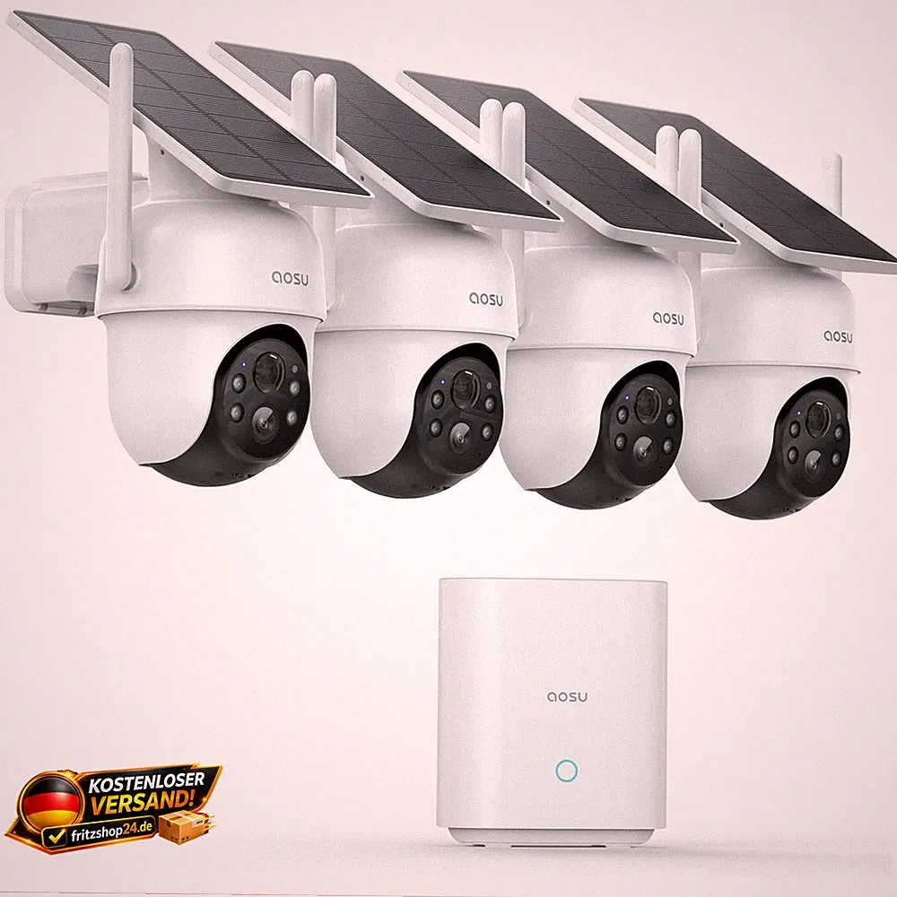 Überwachungskamera 2K Außen Solar Akku 360° PTZ Auto-Tracking 4-Kamera-System
