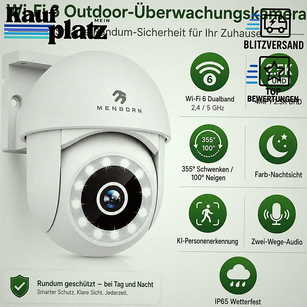 Überwachungskamera Außen 2,5K WiFi 6 Dualband 360° PTZ