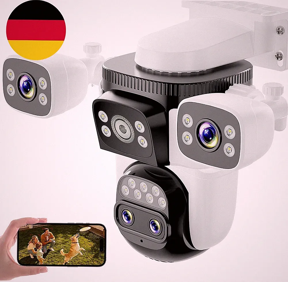 Überwachungskamera Außen WLAN, 2K 4-Linsen PTZ Kamera Mit 360° Ansicht, KI Perso