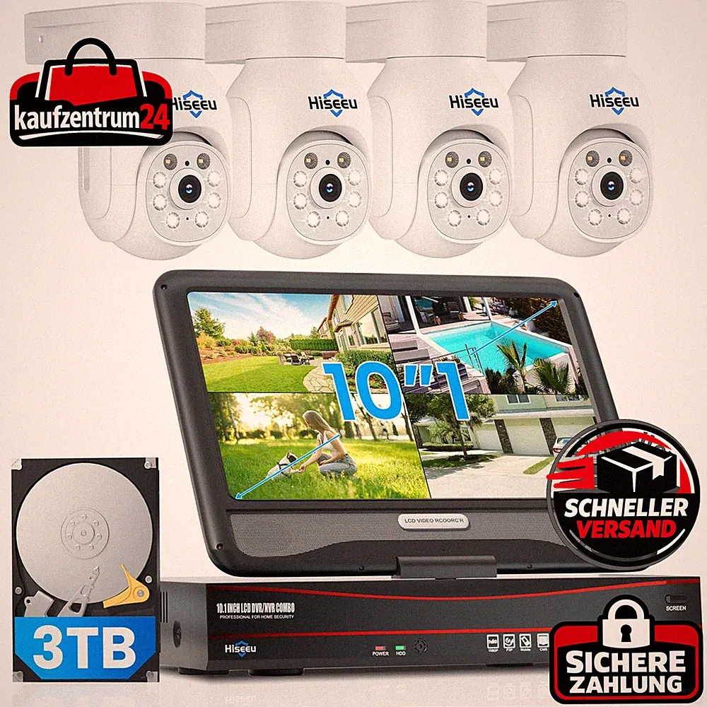 Überwachungskamera Set 5MP PoE Außen mit 10" Monitor und 3TB HDD