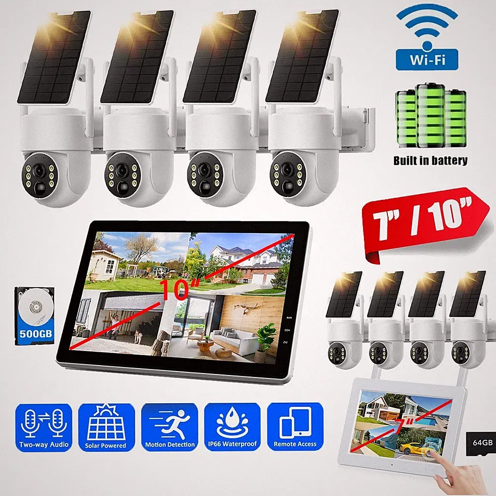 Überwachungskamera Set Außen Solar Kamera Funk 4MP 2K WLAN 7" 10" LCD NVR Audio