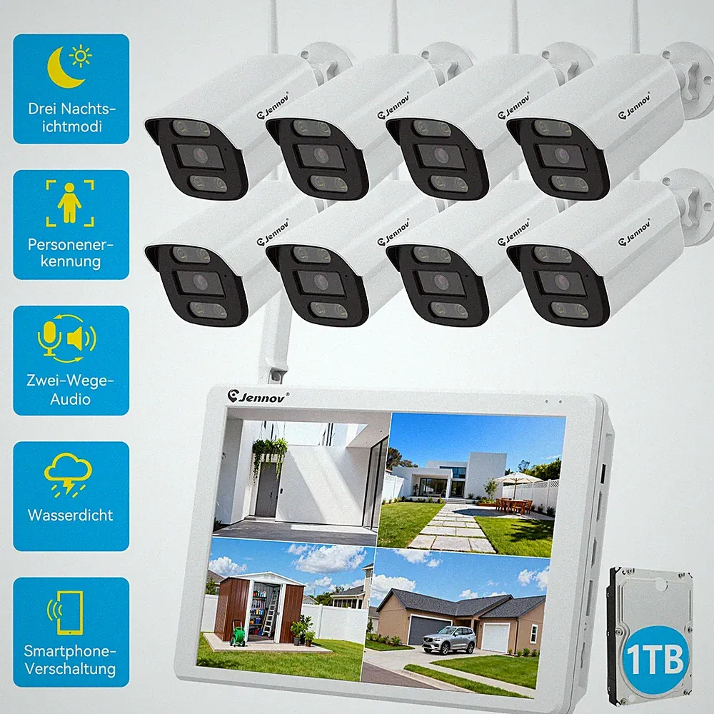 Überwachungskamera Überwachungssystem Außen 10" Monitor WLAN Kamera Set 5MP 1TB