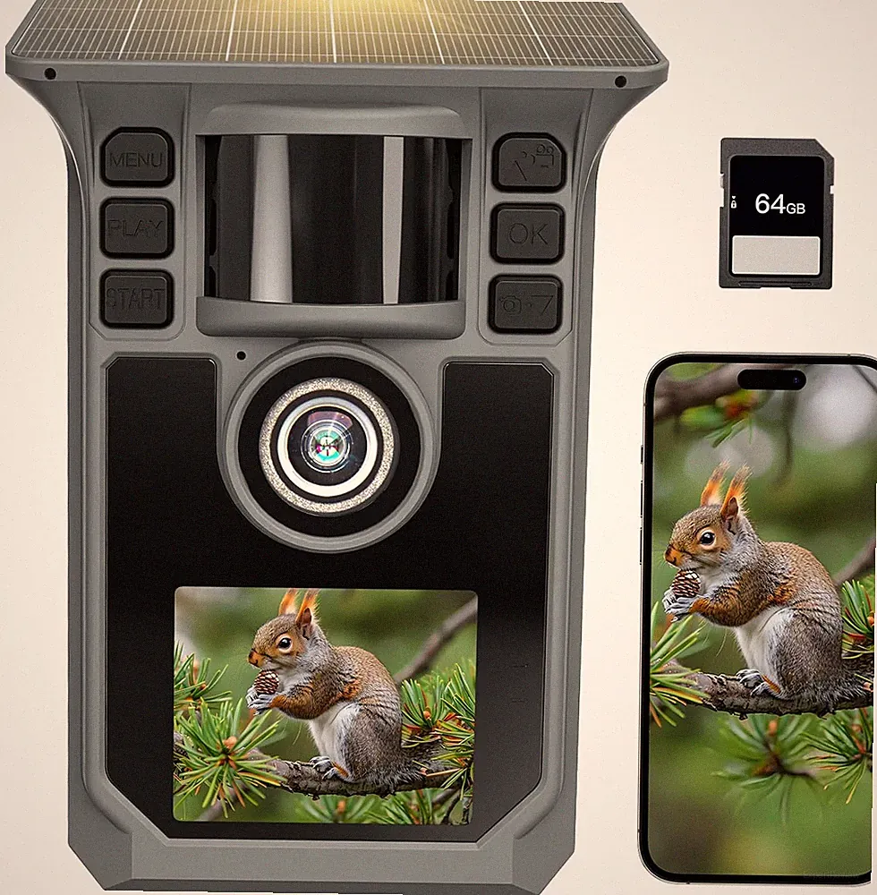 Wildkamera Mit Handyübertragung APP, 4K 64MP Solar WLAN Bluetooth Eingebaute 500