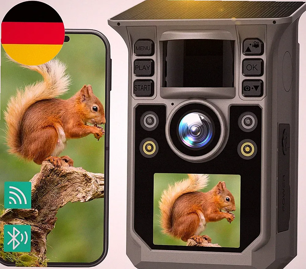Wildkamera Mit Handyübertragung APP, Solar WLAN 4K HD Video 64MP Eingebaute 7500