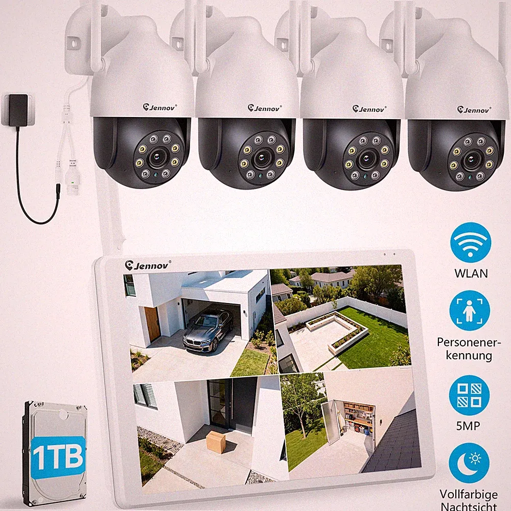 WLAN 4x Außen 5MP Funk PTZ Überwachungskamera Set 1TB 2-Wege-Audio 10CH Monitor